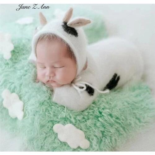 Newborn Photographic Costume Mohair handmade Knitted One-piece romper + Hat + Doll Maverick Three-piece Suit