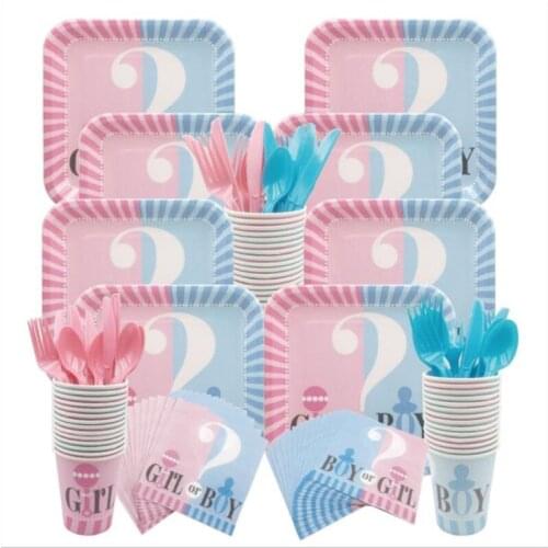 Omilut Baby Gender Reveal Partyware Kit Pink Girl Blue Boy Gender Reveal Disposable Plates Cups Napkins and Banner Baby Shower