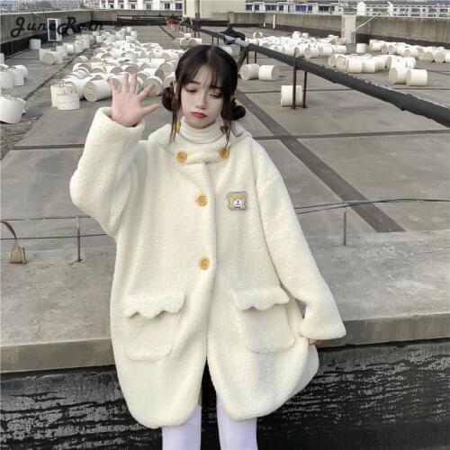 JuneRain 2021 Winter New Warm Japanese Sweet Kawaii Lolita Coat Girl Lamb Wool Cotton Teddy Overcoat Women Pink Jk Jacket Cute