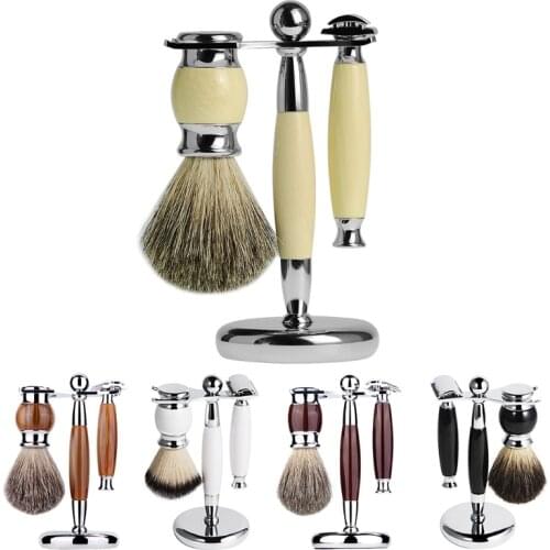 Professional 3 In 1 Men Luxury Manual Shaving Kit Beard Cleaning Brush Metal Shaver Razor Stand Holder Hair Trimmer Grooming Too