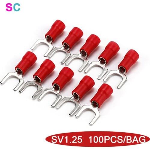 SV1.25 Series Red Furcate Wire Cold Terminal 100PCS/Bag Fork Pre-Insulated Spade Joint AWG22-16 0.5-1.5mm² Cable Crimp Connector