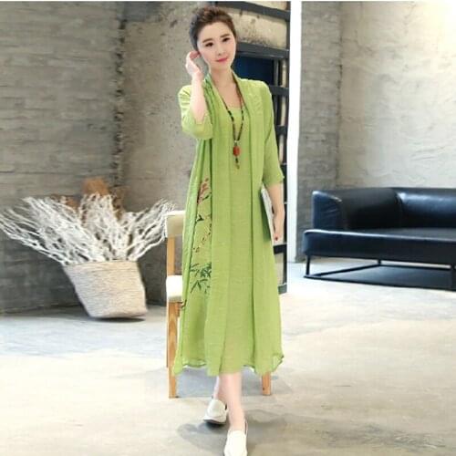 Vintage Dress Women 2021 Fashion Summer Dress Cotton Linen Fake two-piece dress Ladies Print Loose Casual Party Dress Plus Size
