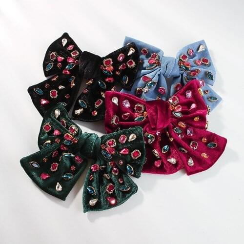 Velvet Hair Bow Ties Hairpin Bowknot Hair Clip Multicolor Rhinestone Hairpins Women Handmade Vintage Big Headband Accessories