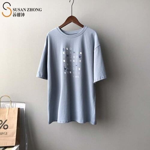 Women Short Sleeve T-Shirt Female Tops 2021 Spring Summer Cozy Casual Loose Straight Round Neck Cotton Stretch Raw Hem Letters