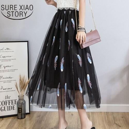 2021 Spring And Summer Lace Mesh Skirts New Korean Embroidery Tulle Midi Skirts Women Elegant Black Tutu Party Skirt Faldas 9588