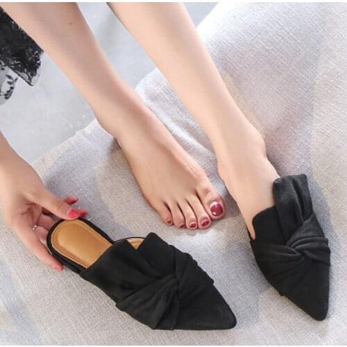 Women Slippers Flock Bowtie Female Mules Fashion Low Heels Shoes Pointed Toe Ladies Plus Size Elegant Woman Slipper