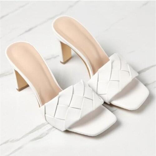 NEW Sexy PU diamond Square head Peep Toe High Heel Slippers Summer Fashion Slip On Thin Heels Slides Women Mules Party