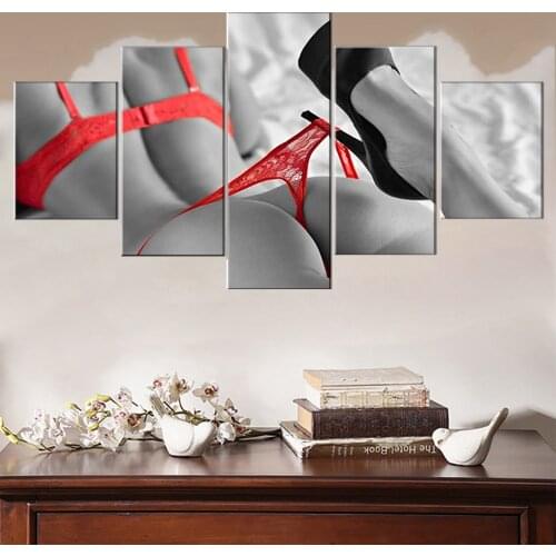 5 Piece Black and White Canvas Prints Woman in Red High Heels Shoes Wall Art Model Girl Indoors Paintings Sexy Poster Picture Mo