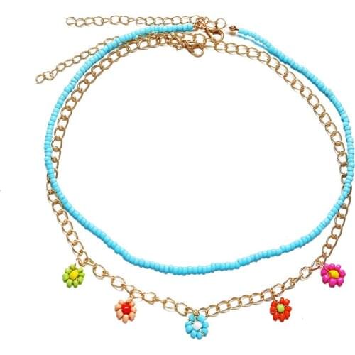 Flower Bead Pendant Faux Pearl Two Layer Choker Chain Necklace for Women Summer Holiday Hobo Collar Fashion Jewerly AM3247