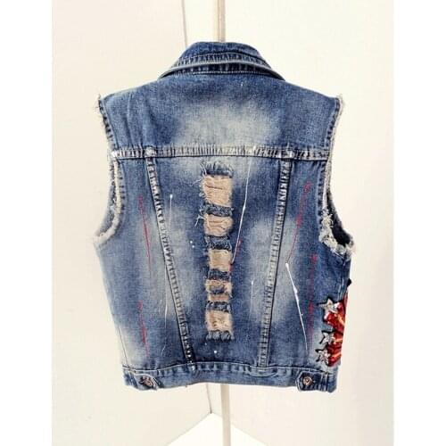 Spring Slim Fit Sequins Hole Ripped Denim Vest Women Street Fashion Sleeveles Jacket Single Breasted Short Waistcoat Female