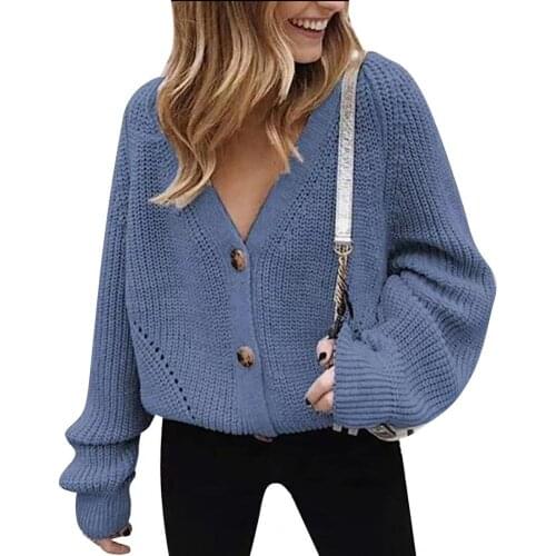 Women Sweater Solid Color Single-breasted Autumn Winter Loose Long Sleeve V Neck Knitted Coat Streetwear