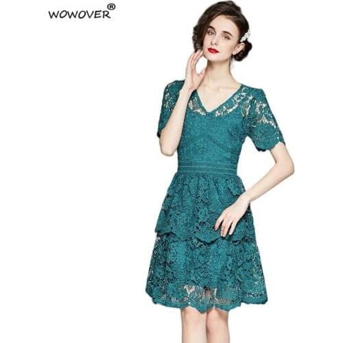 Womens High Quality Crochet Hollow Embroidery Green Lace Dress Summer Clothes Elegant Lady Vintage Short Sleeve Party Vestidos