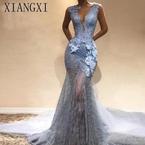 Abendkleider 2020 Dusty Blue Lace long Mermaid Prom Dresses Sexy Prom Gowns Formal Evening Party Dress V-neck Vestido De Festa