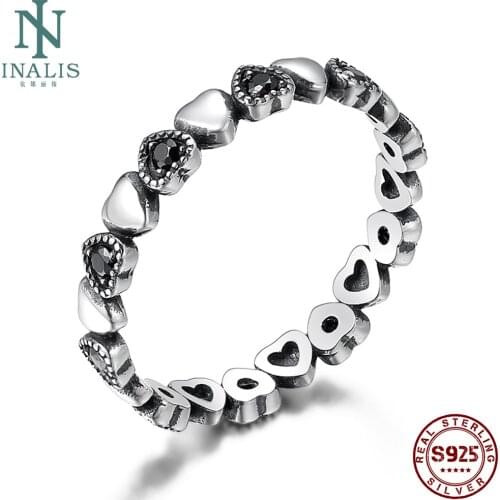 INALIS Genuine 925 Silver Ring Stackable Ring Heart Black CZ Finger Rings For Women Wedding Anniversary Gift Fashion Jewelry