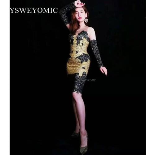 2019 Flashing Black Gold Rhinestones Dress Womens Birthday Celebrate Stretch Dress Evening Party Women Singer Sexy Dress