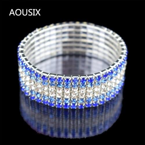 High Quality Fashion 6 Row wide Stretch Crystal Bracelets & Bangles blue Bracelets For Women Jewelry Girl child Bracelets