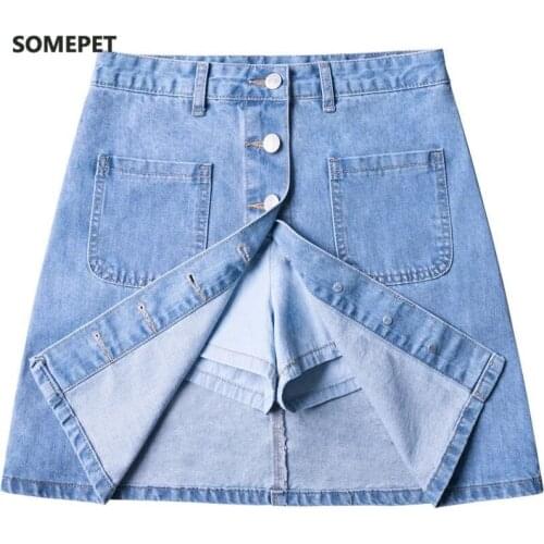 High-Waist A- line Denim Skirt Womens Spring and Summer New Korean-Style Anti-Exposure Skirt All-match Slim-Fit Pants Skirt