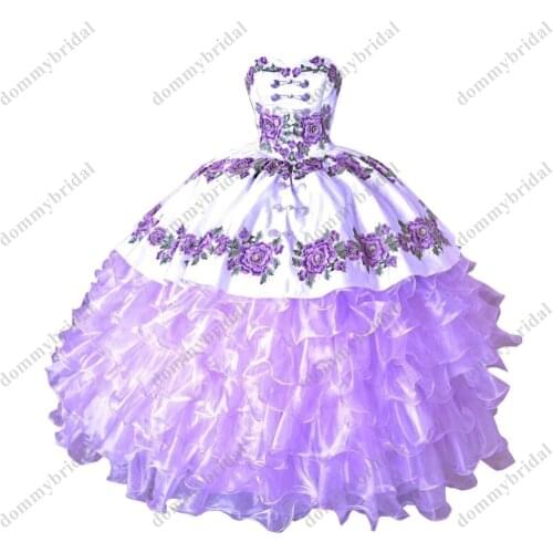 Elegant Lilac White Satin Ruffled Ball Gown XV Quinceanera Dresses Mexican Sweetheart Sliver Embellishment Corset Sweet 15 Prom