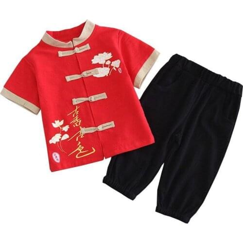 Cotton hemp summer Hanfu Tangzhuang childrens short sleeve shorts two piece Chinese style