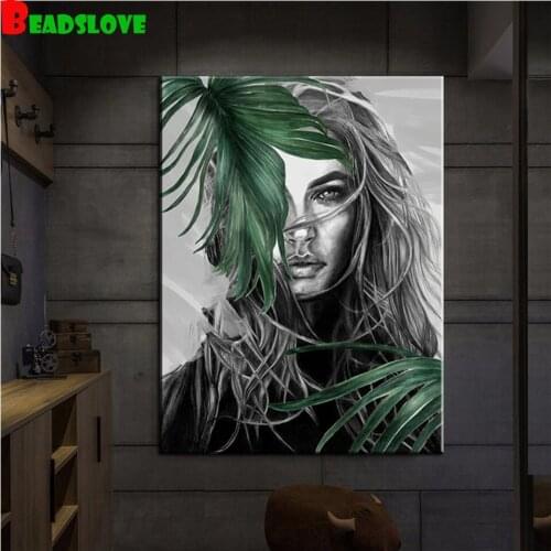 Beauty and green leaves DIY Full Square Drill 5D Diamond Painting Mosaic Diamant Embroidery rhinestone Wedding Room Decor g133