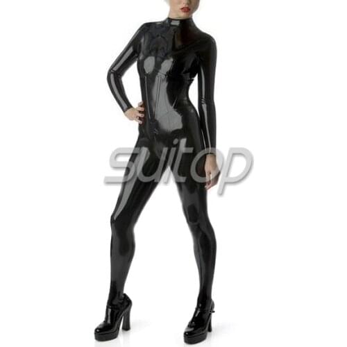 Suitop black catsuit latex corset style rubber catsuit with feet with integrated corset