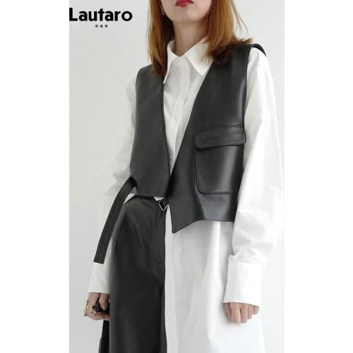 Lautaro Spring Short Black Soft Light Pu Leather Vest Deep V Neck Pocket Korean Fashion 2021 Autumn Sleeveless Crop Top Women