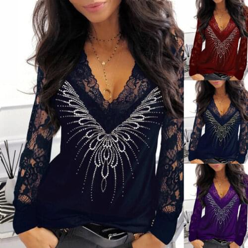 Fashion Sexy T-shirts for Women Deep V-neck Lace Print Female T Shirt Casual Long-sleeved T-shirt Spring Summer Slim Women Shirt