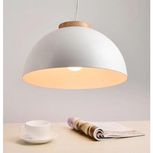 New Modern LED Pendant Lights E27 Round White Wooden Dining Light Metal Lampshade Hanging Lamp Iron Suspension Lighting