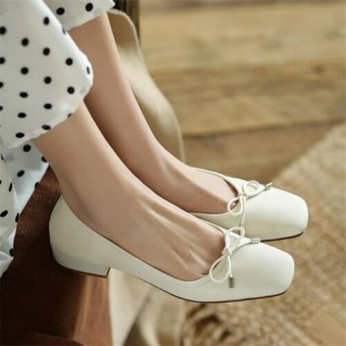 PXELENA 34-43 Plus Size Soft Comfort Genuine Leather Loafers Women Square Toe Low Heels Casual Daily Office Lady Pumps Bow 2021