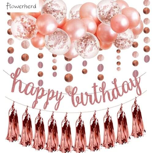 Rose Gold Birthday Decorations for Women Girl Happy Birthday Banner Confetti Balloons Tissue Circle Dot Garland Party Decoration