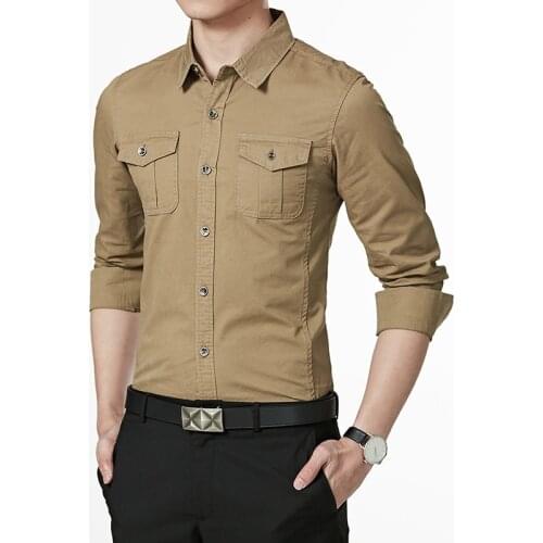 Khaki Shirt Casual Slim Fit Jacket Blue Shirts Cotton Military Business Military Long Sleeve Vintage Streetwear Shirts for Men