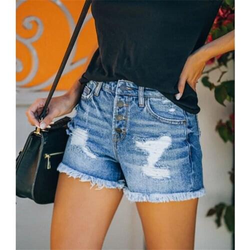 Blue Denim Short 2021 Mid Waist Ripped Tassel Button Women Jeans Shorts Fashion Street Hipster Loose Straight Slim Washed Shorts