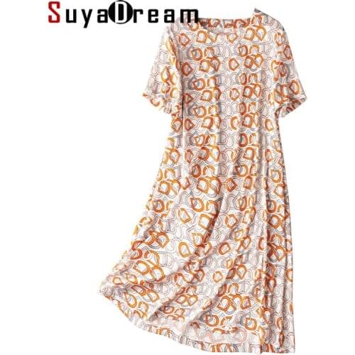 SuyaDream Woman Printed Dress 19mm Silk Satin A line Short Sleeves O neck Dresses 2021 Spring Summer Dresses