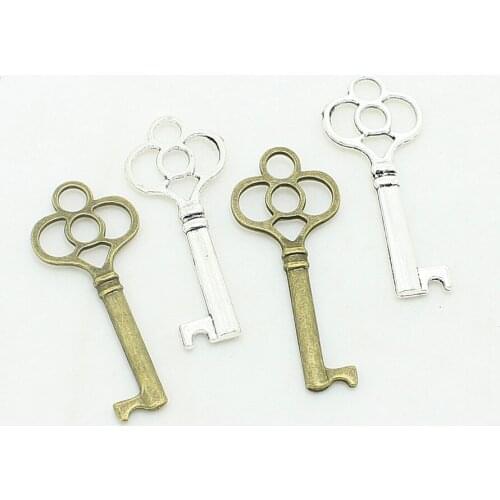 Sweet Bell 30pcs 17*43mm two color Metal Zinc Alloy Trendy Key Pendant Charms Vintage Style Necklace Charms 2B148
