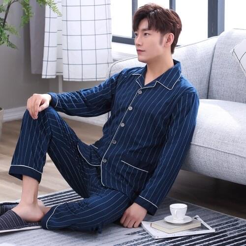 2019 Spring Mens Long Sleeve Cotton Pyjamas Sleepwear Male Stripe Lounge Pajama Sets Plus size Nightwear 3XL