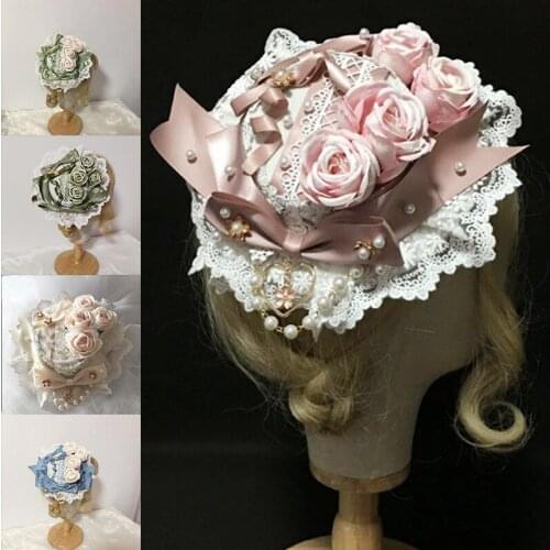 Women Lolita Lace Hat Heart Pearl Flower Bow Retro Bonnet Cosplay Anime Tea Party Hairpin Birthday Gift Hair Accessories