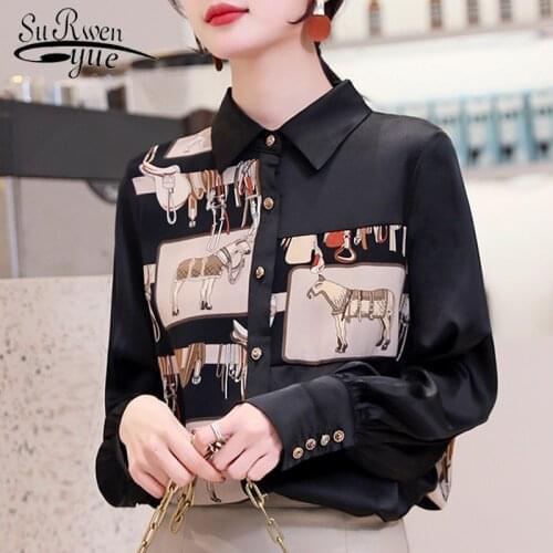 Korean Style Women Vintage Long Sleeve Print Shirt Fashion Turn-down Collar Office Lady Blouse Black Women Tops 8166 50