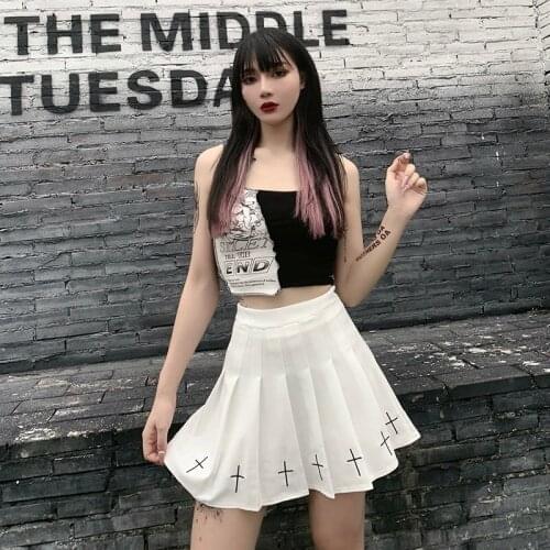 2021 Summer Women High Waist Gothic Punk Mini Skirts Ladies Cross Pattern Mini Pleated Skirt（Without belt）White/Black