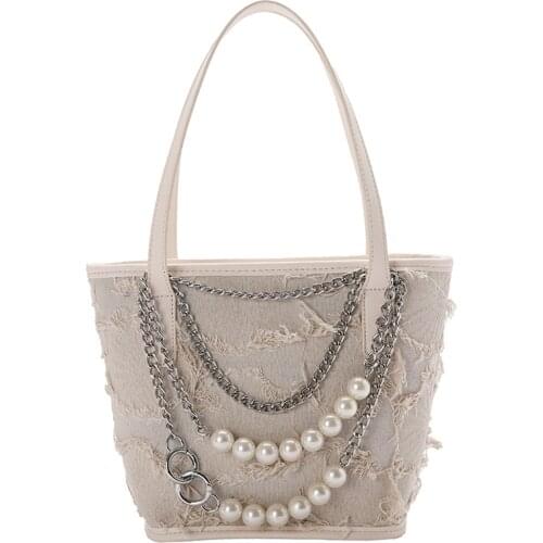 Females Handbags Pearl Chain Retro Large Capacity Canvas Bags Gifts for Girls Best Sale-WT