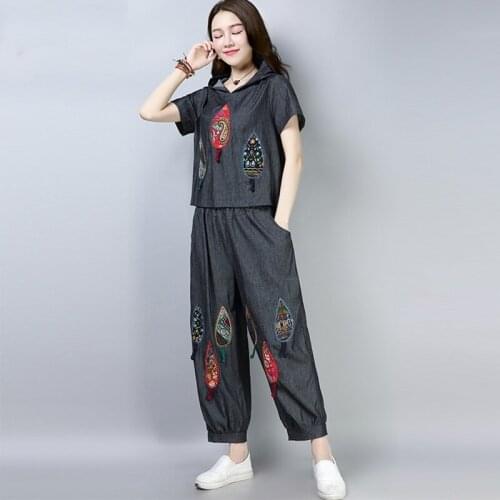 Traditional Chinese Clothing Hoodie Two Piece Pants Set Women Short Sleeve Hanfu Female Ethnic Vintage Outfits For Women TA1597