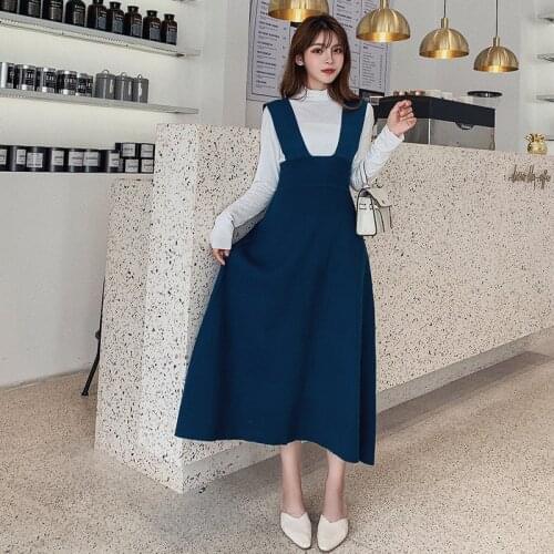 Women Autumn Vintage Knitted Dress Suit High Waist Preppy Style Brace Strap A-line Skirt Full Sleeve Top Pullovers