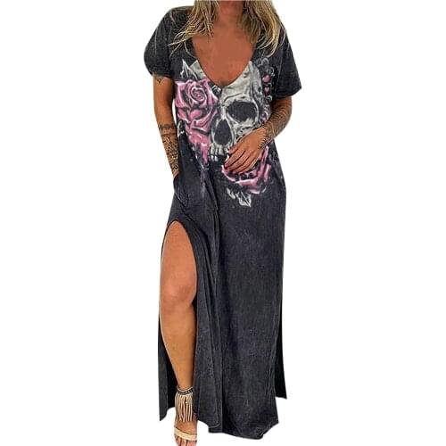 2021 Summer Dress Women Casual Punk Loose Short Sleeve Skull Print Female Dress Streetwear Side High Split Flower Female Vestido
