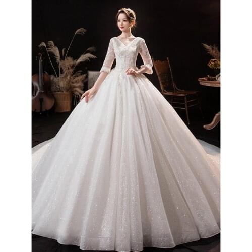 Half Sleeve Wedding Dress 2021 New Luxury V-neck Gown With Train Lace Up Ball Princess Vestido De Noiva Customize