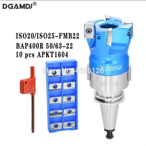 1 set of ISO20 ISO25 FMB22 45L tool holder + BAP400R50 / 63-22-4T face milling cutter head + 10slice of APKT1604 carbide blade