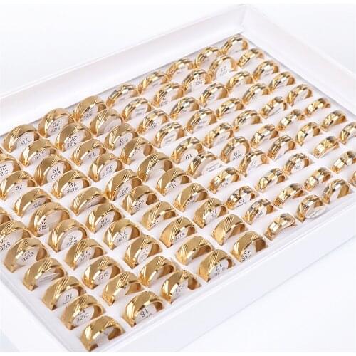 20pcs/lot Fashion High-quality Cut Pattern Gold Color Stainless Steel Rings For Women Men Wholesale