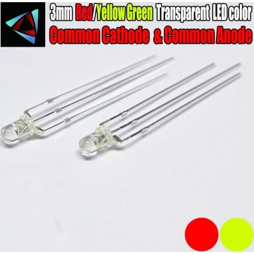 50pcs 3mm LED Diode Yellow Green And Red Dual Color Common Cathode Common Anode Transparent Round Bi-Color Light-Emitting Diode