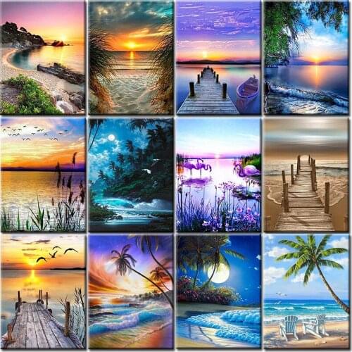 Diamond Painting Seaside Scenery Art 5D DIY Diamond Embroidery Mosaic Sunset Full Square Round Drill Landscape Home Decor Gift
