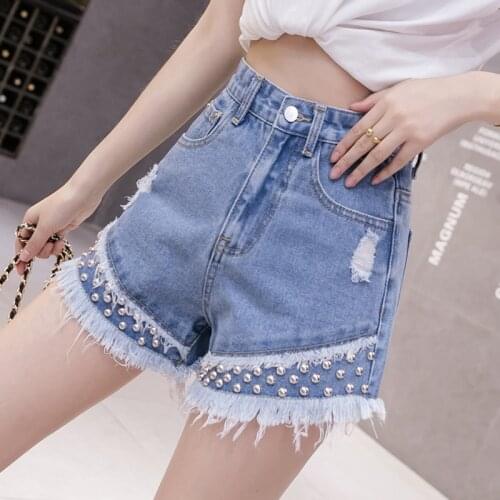 Denim shorts womens high-waisted fur shaved wide-leg shorts heavy rivet fashion trendy pants short jeans