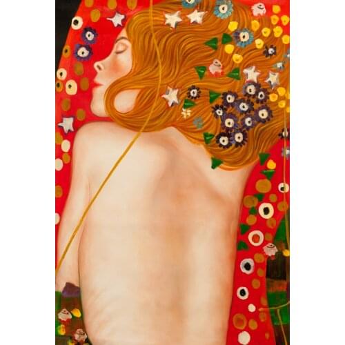 Hand Painted Canvas Oil Painting for Bedroom- Sea Serpents IV by Gustav Klimt Painting Abstract Wall Arts Nude Woman Painting