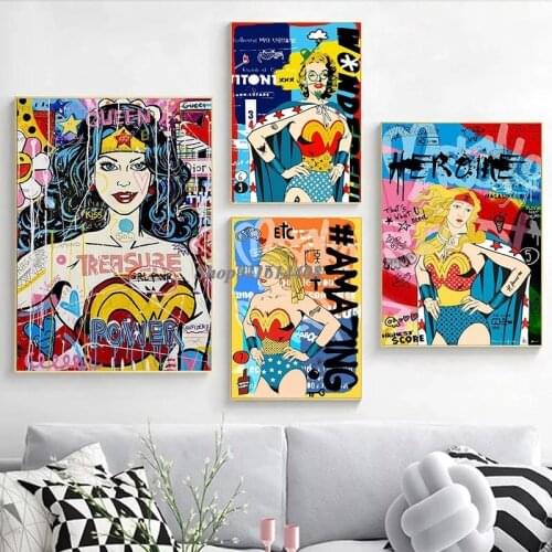 Marvel Classic Canvas Paintings Funny Girl Anime Movie Poster and Prints Wonder Woman Wall Art Picture for Girls Room Home Decor